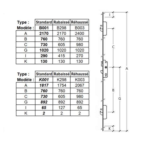 Serrure bs3700 réhaussée - têtière 16